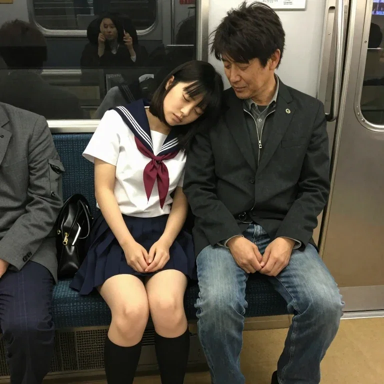 girl sleeping on train leans on man