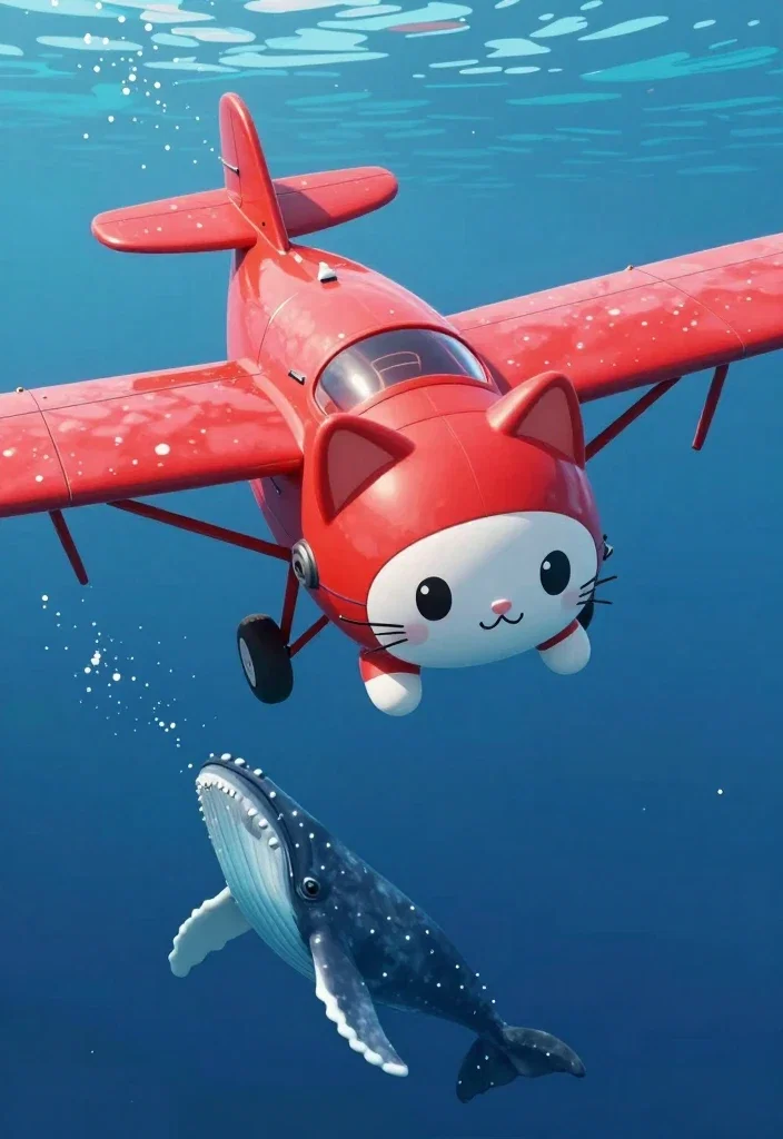 cute cat biplane pilot deep sea diving