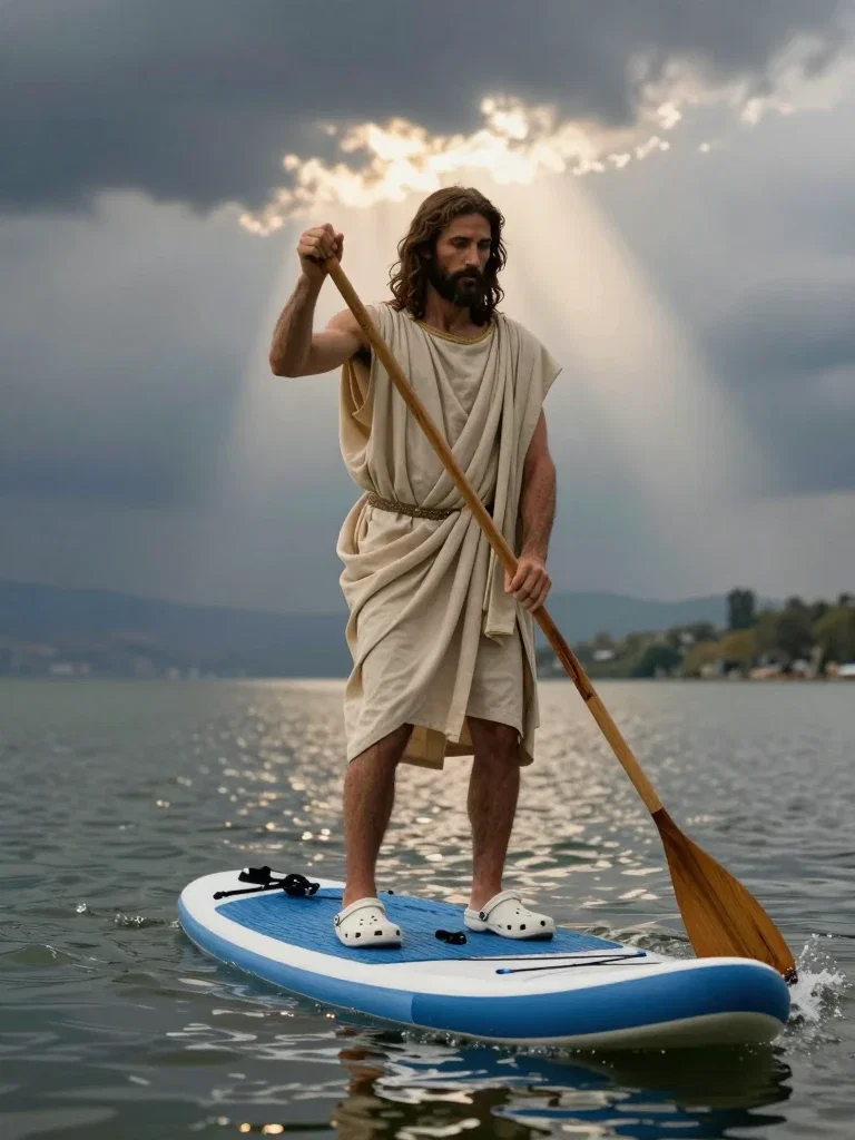 jesus paddleboarding on sea of galilee