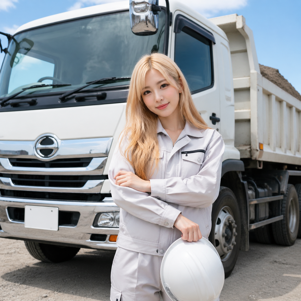 blonde japanese model posing before dump truck