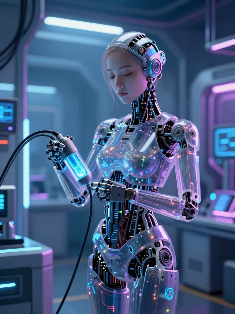 android girl charging in cyberpunk lab