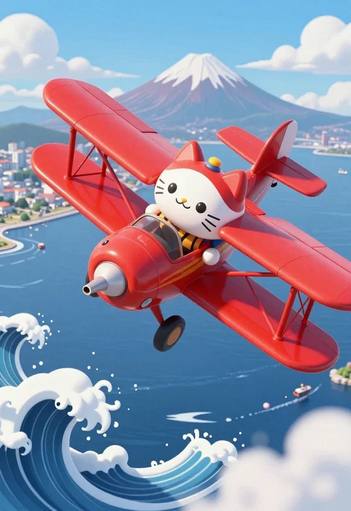 anime cat pilot flying over kanagawa