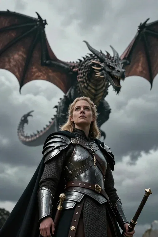 highlander female warrior looking up at dragon