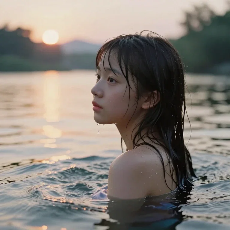 digital impressionism girl river sunset
