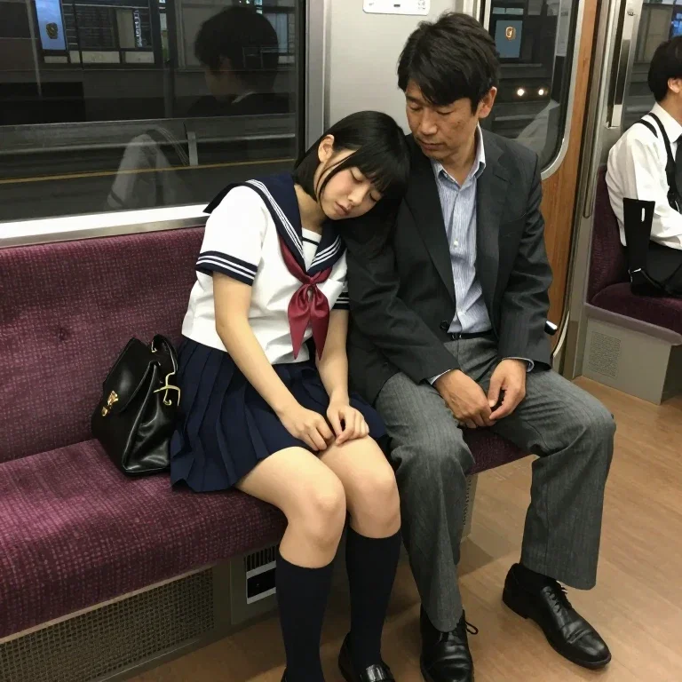 girl sleeping on man shoulder train