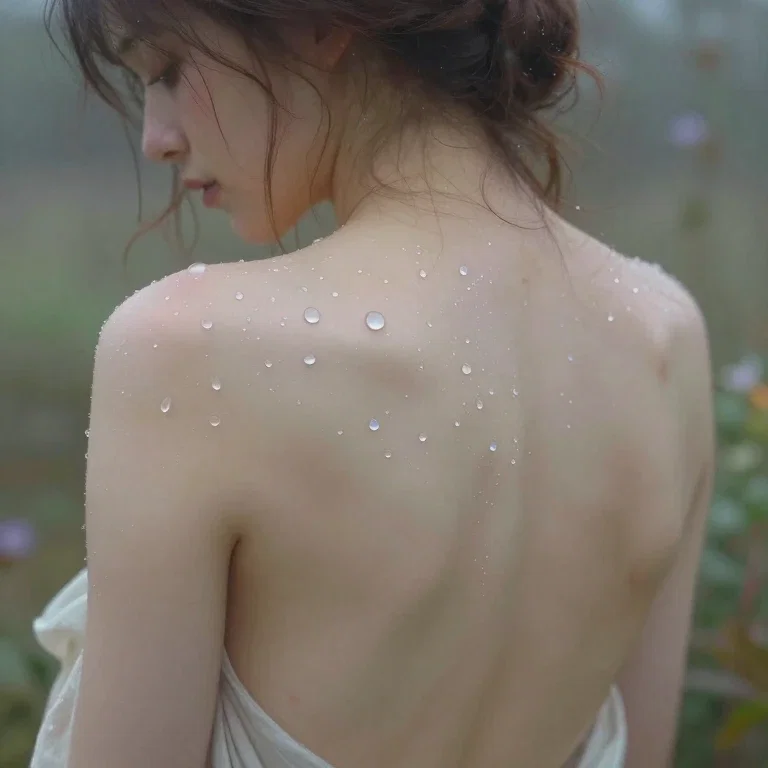 painting of womans bare back with dew drops