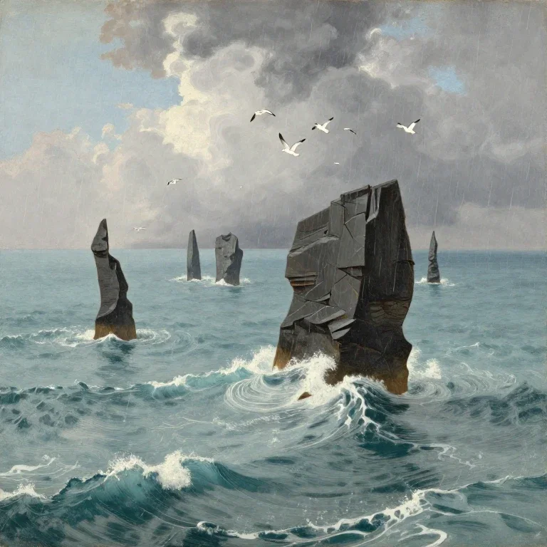 19th century oil painting monoliths sea storm