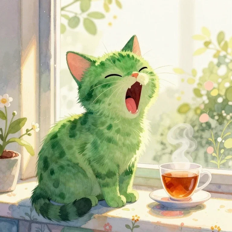 watercolor yawning cat with green fur