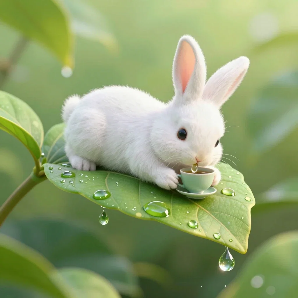 cute white rabbit lounging and drinking tea