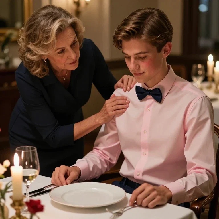 elegant woman corrects boys table manners