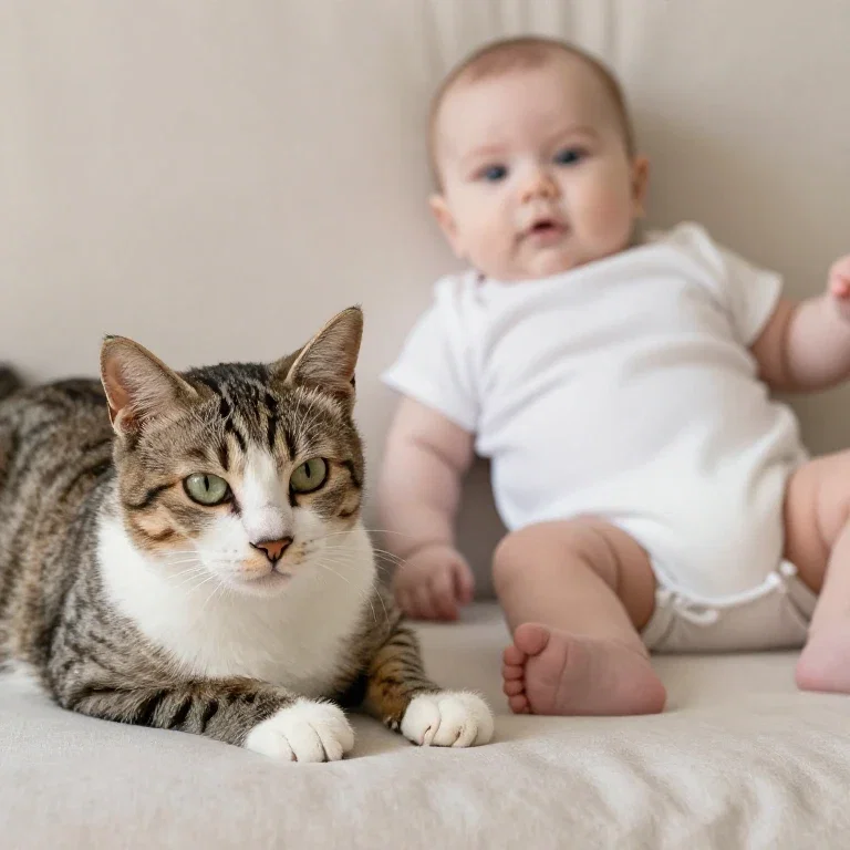 cat lying next to baby