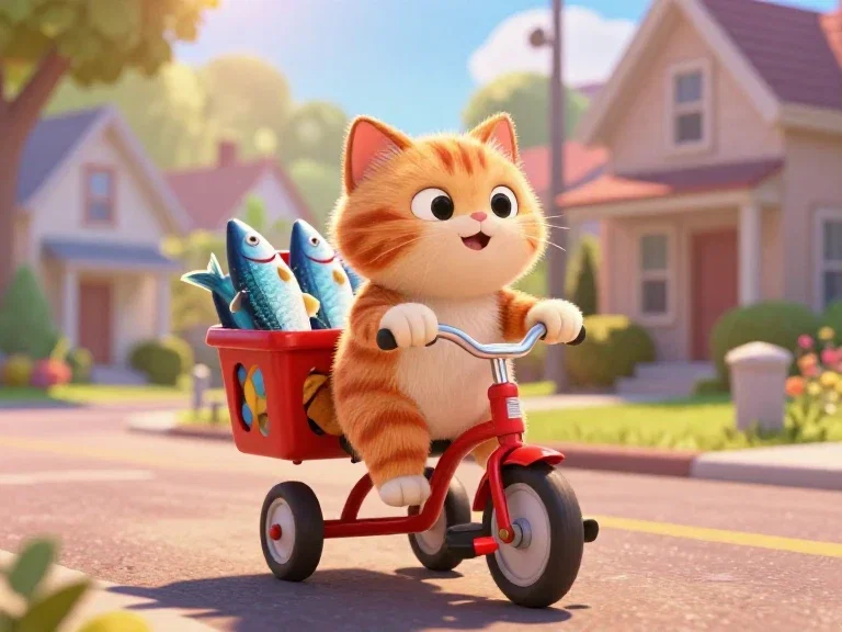 pixar style chubby cat riding tricycle