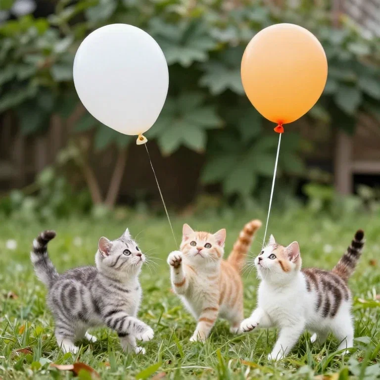 three kittens playing with balloon
