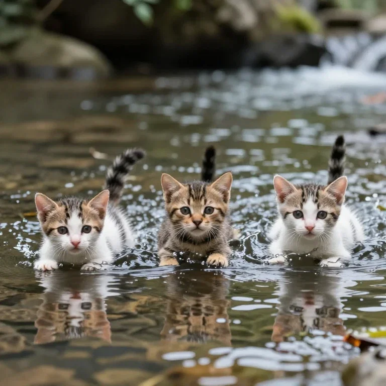 three kittens swim in river