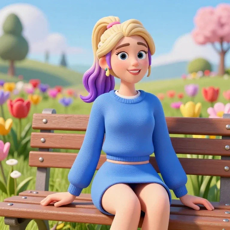 woman smiling bench flower field