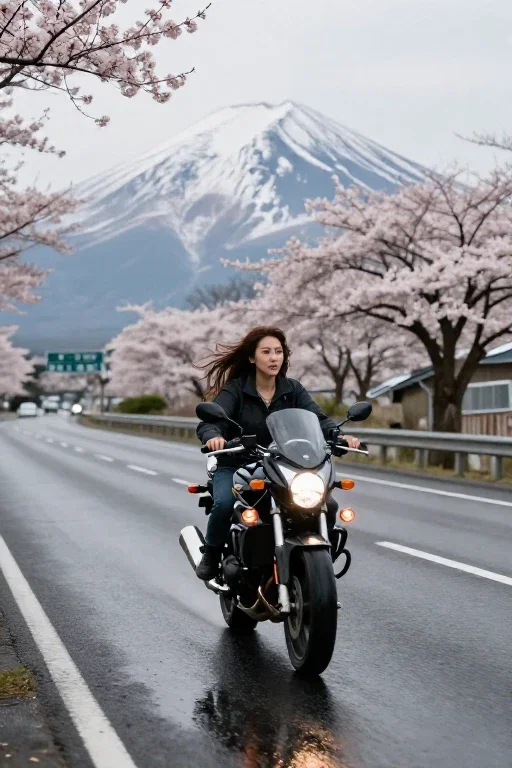 woman motorcycle fuji cherry blossoms rain