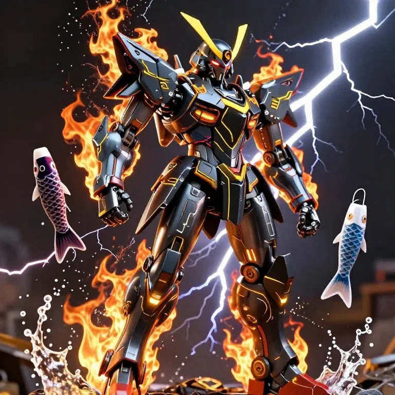 samurai robot in flames