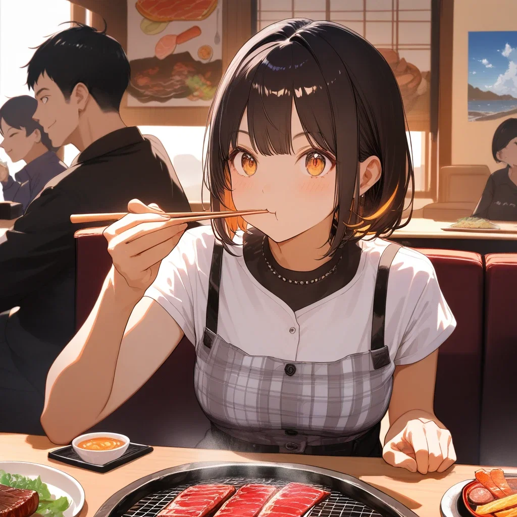 watercolor girl eating yakiniku
