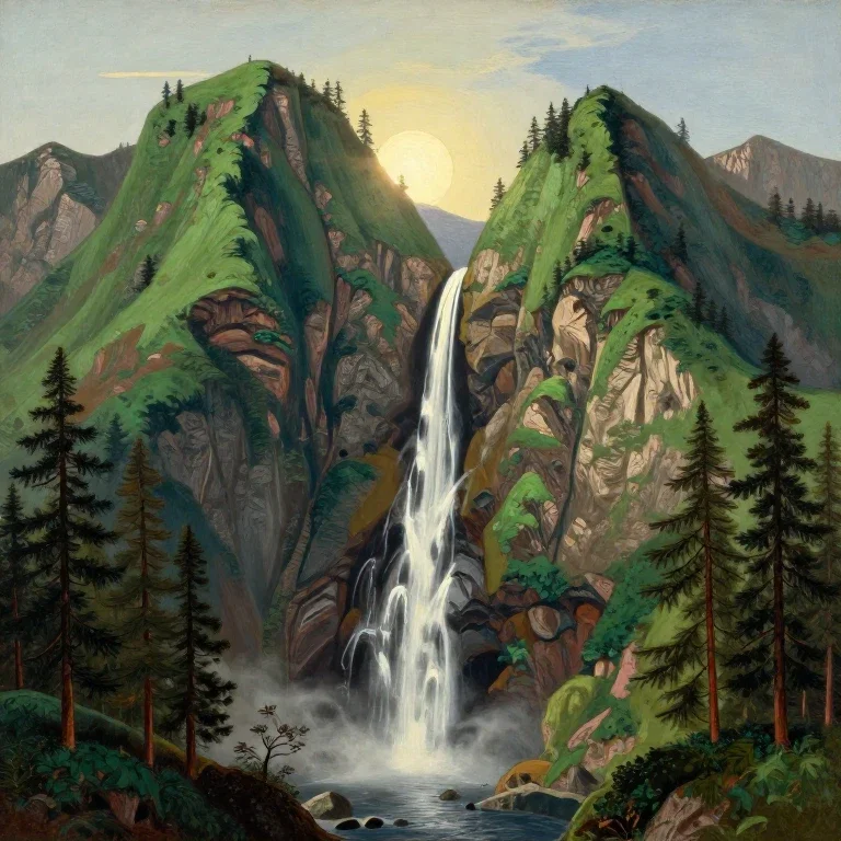green mountains waterfall pine trees