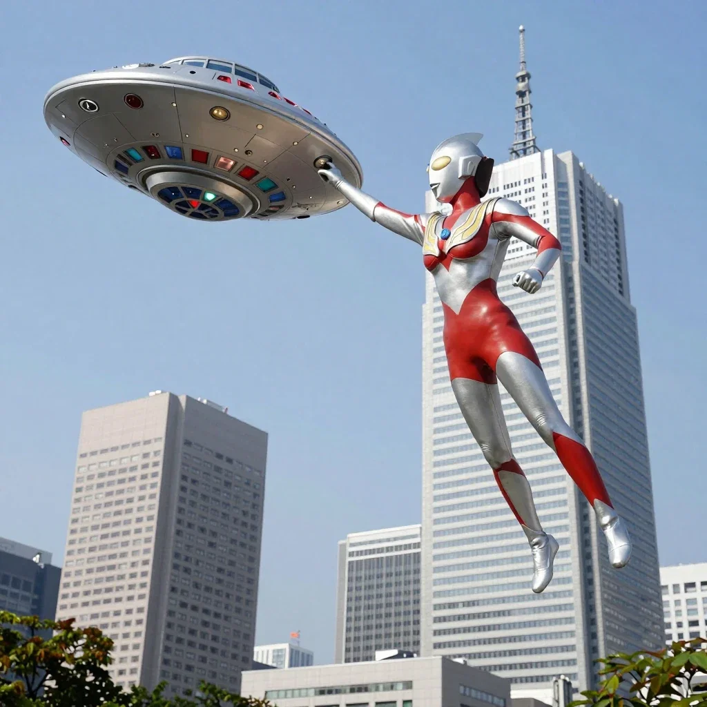 ultraman woman fights spaceship near landmark tower