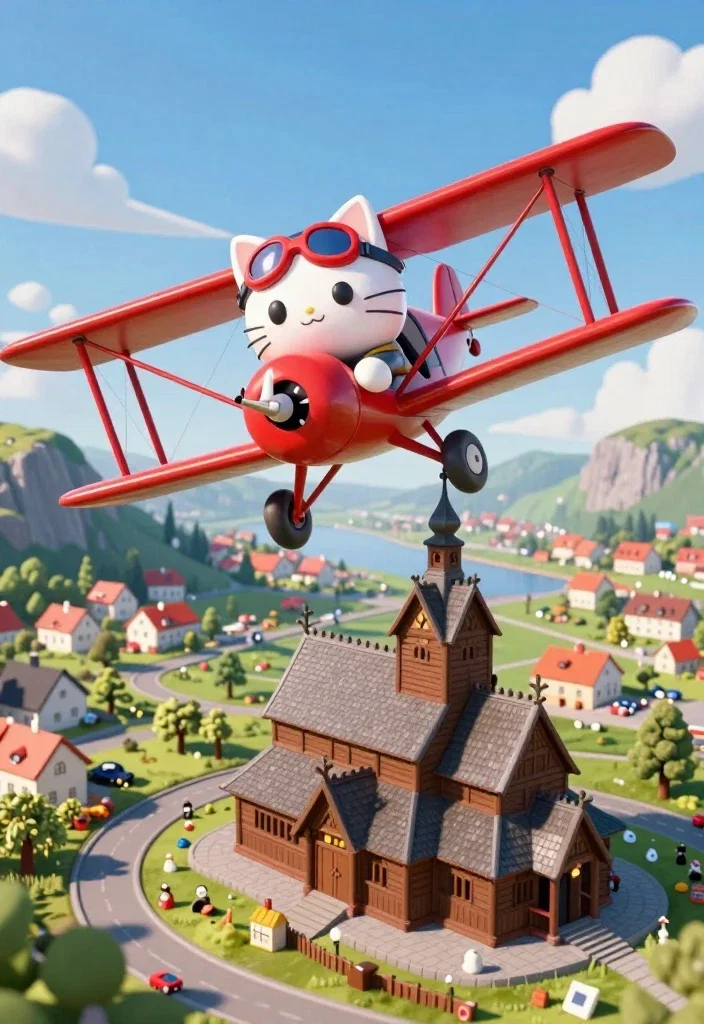 cat pilot flying over urnes church