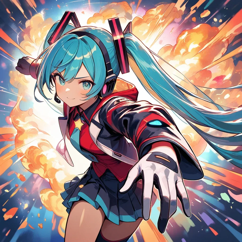 hatsune miku throws energetic punch