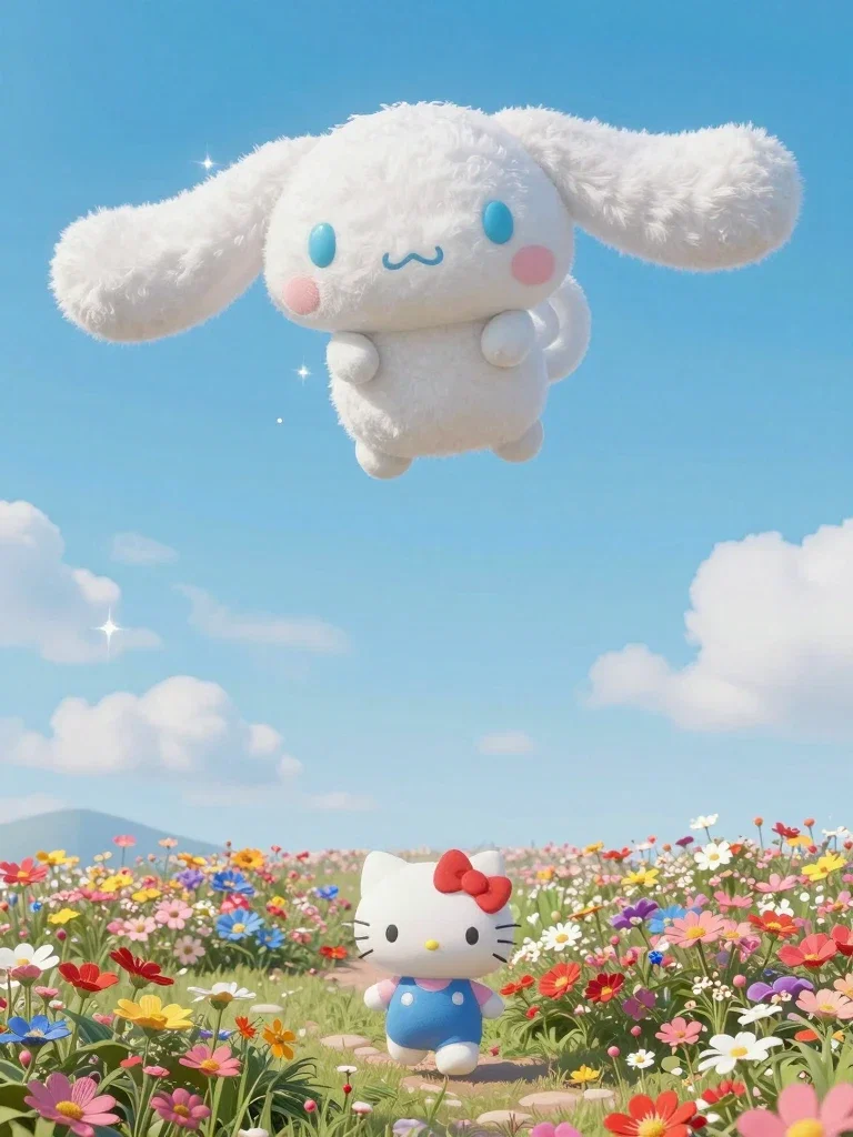 cinnamoroll and hello kitty in whimsical scene