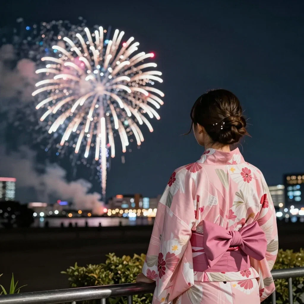 woman watching fireworks in yokohama
