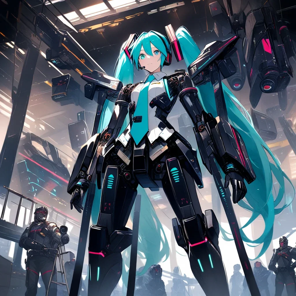 giant miku mecha in hangar