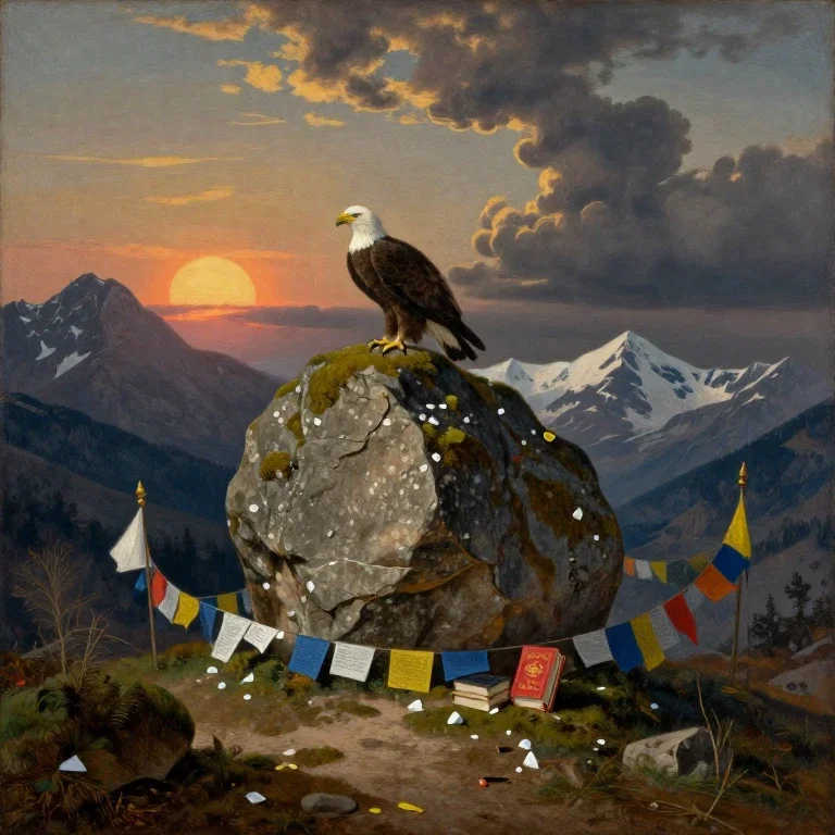 eagle on mossy rock with prayer flags
