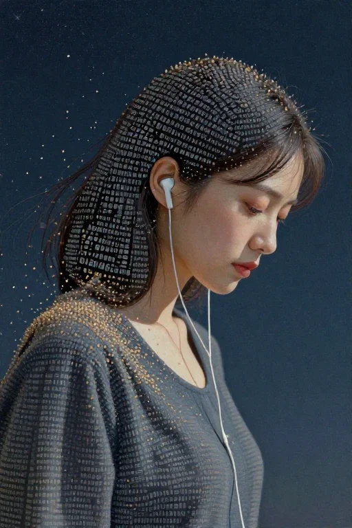 fine text scattered seeds woman earpiece starry sky