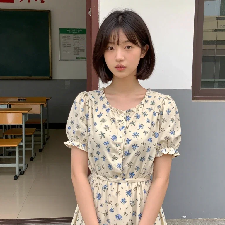 girl with bob haircut waiting outside