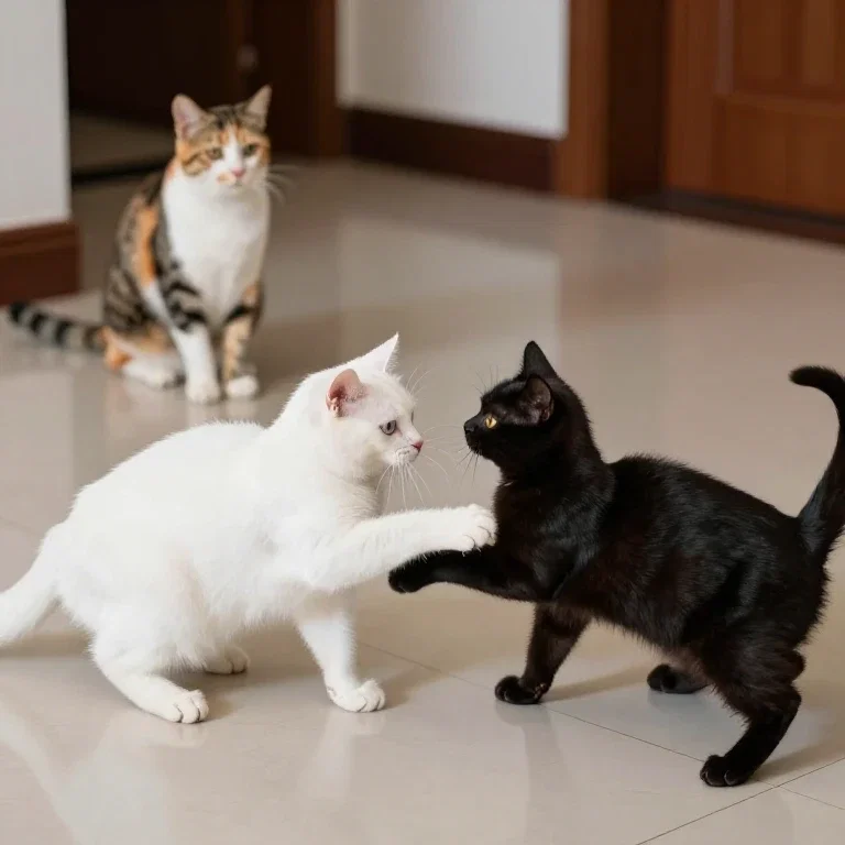 two cats fighting calico watching