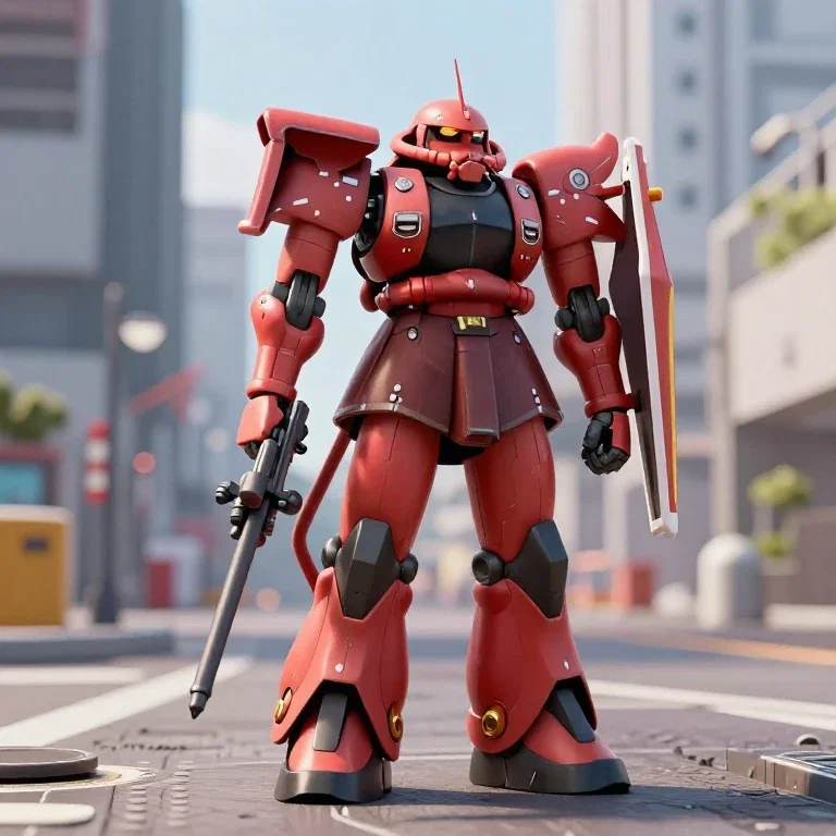 red zaku walks through city