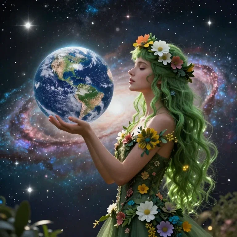 nature goddess holding earth in space