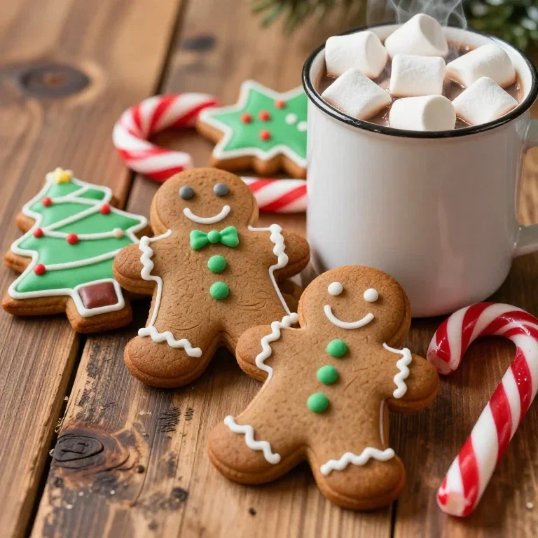 close up of christmas cookies and hot chocolate