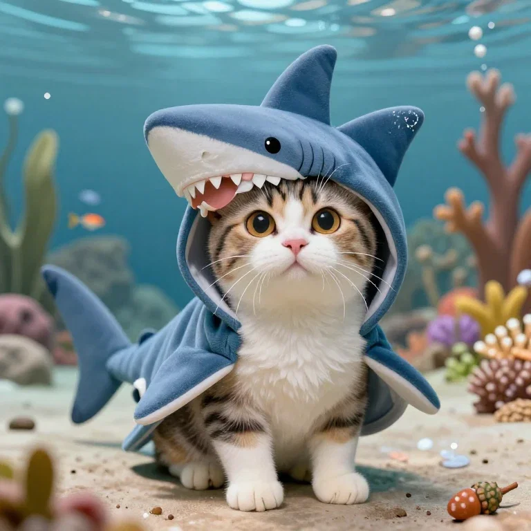 cat dressed as shark