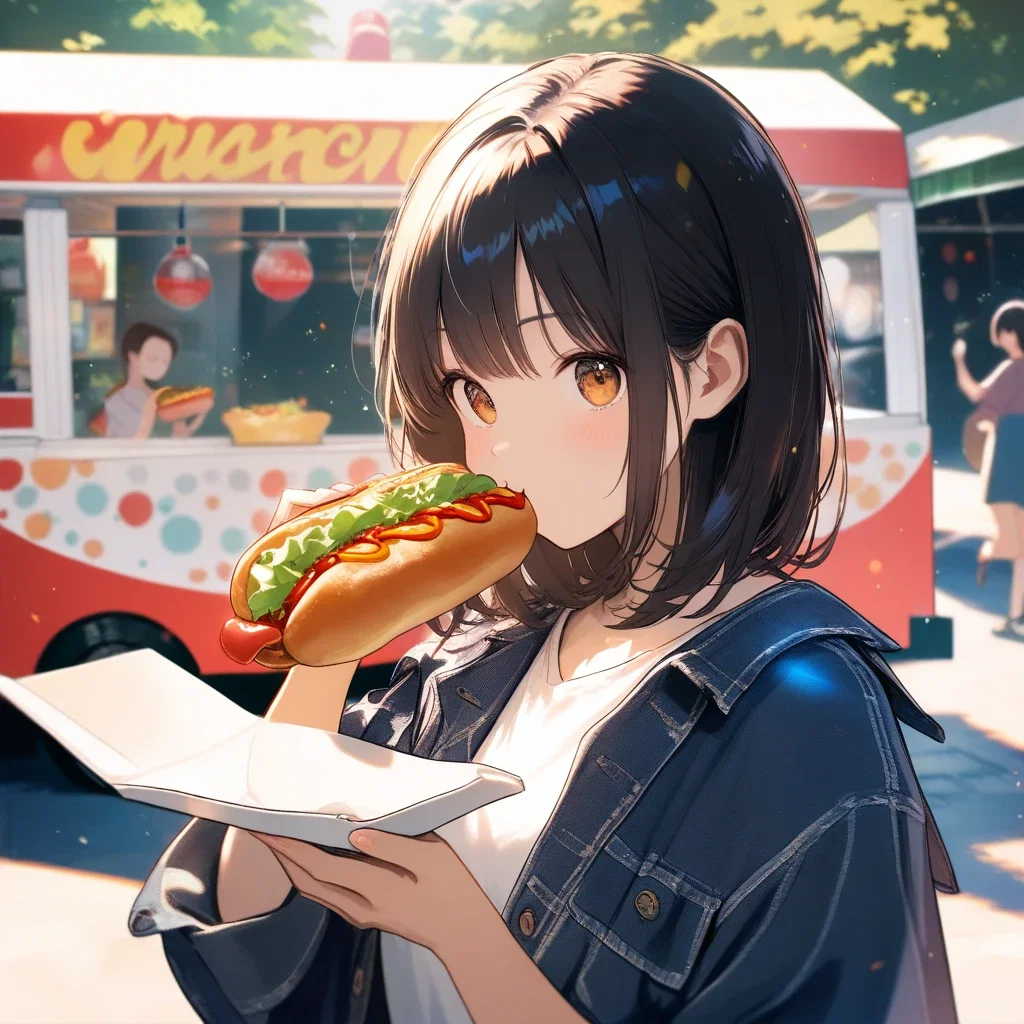cute short haired beauty eating hot dog