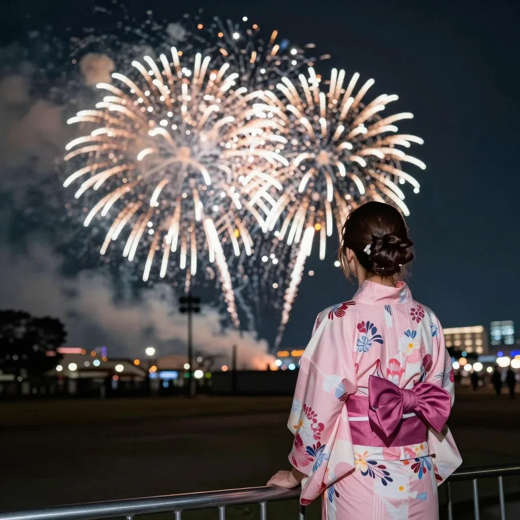 woman watching fireworks in yokohama