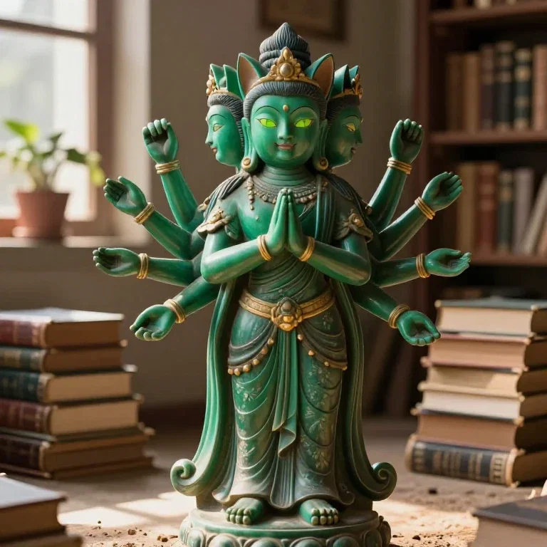 emerald cat with luminous eyes in study