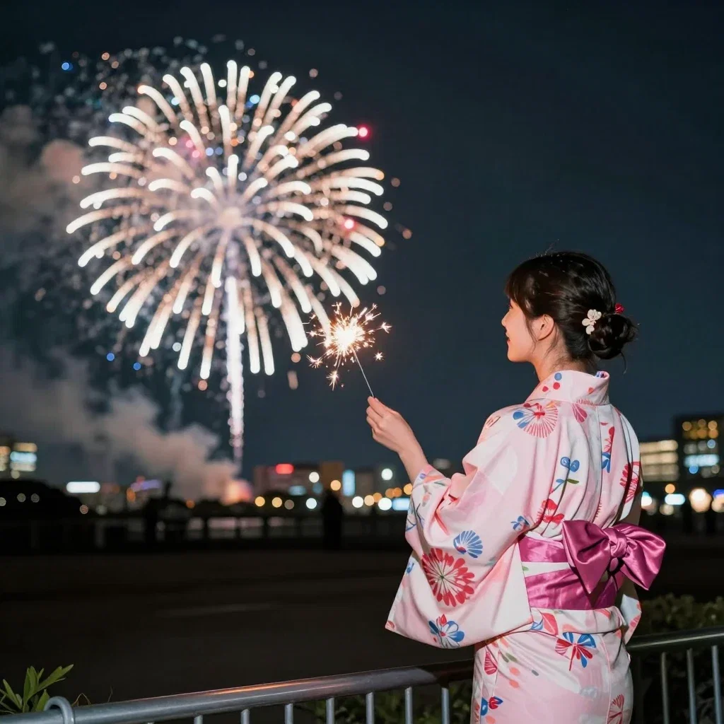 woman watching fireworks in park