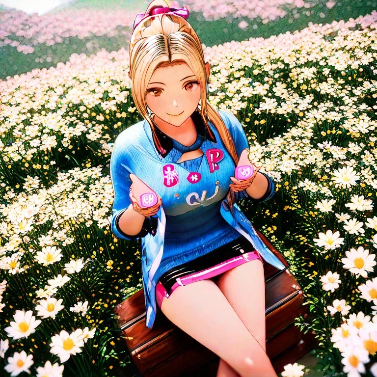 woman on bench in flower field