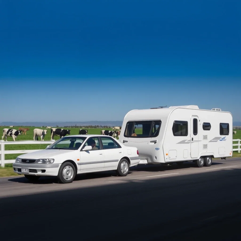 white toyota towing vintage camper golden hour