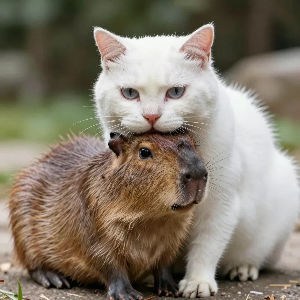white cat holding capybara