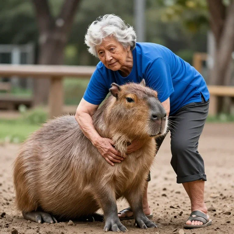 attractive stout old woman wrestling capybara