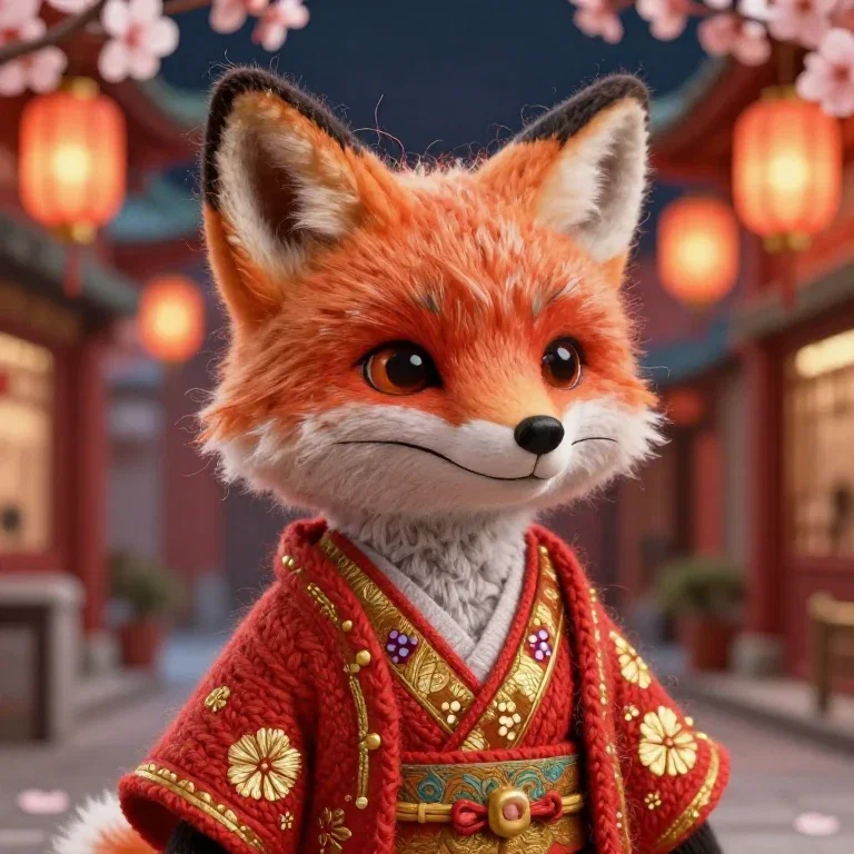 woolen fox in kimono with yarn backdrop