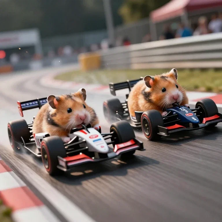 photorealistic hamsters racing f1 cars