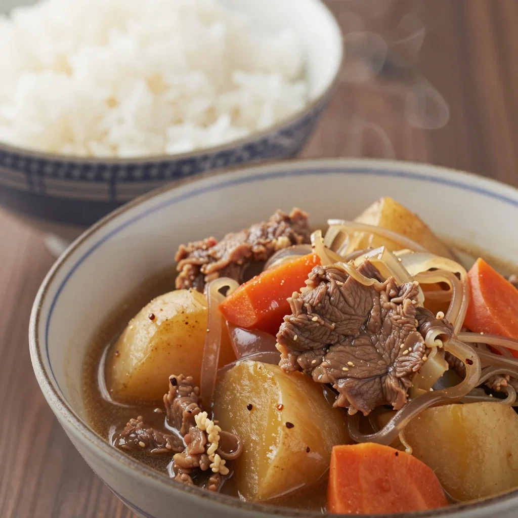 close up of steaming japanese nikujaga stew