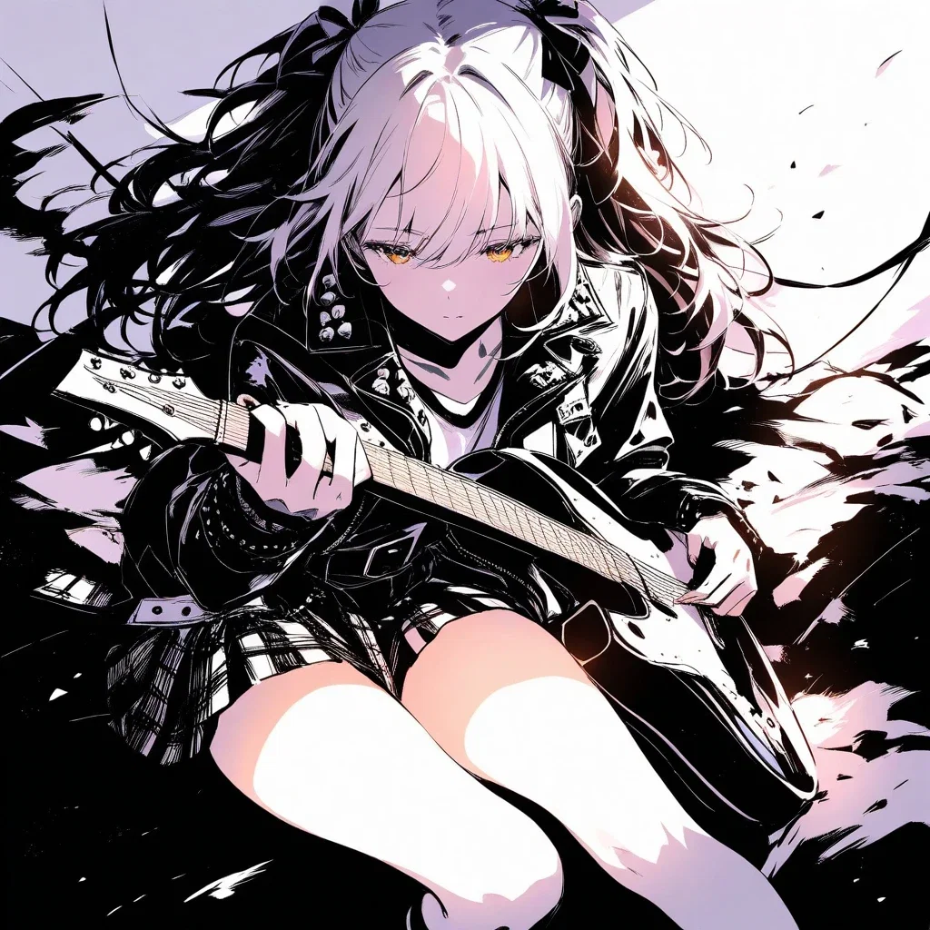 shy girl playing guitar intensely