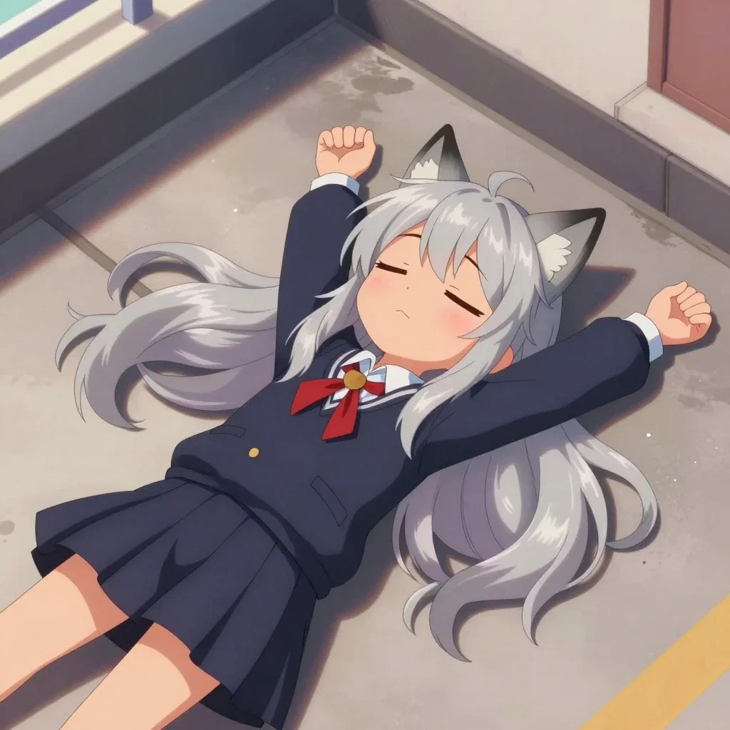 beautiful wolf girl lying on rooftop